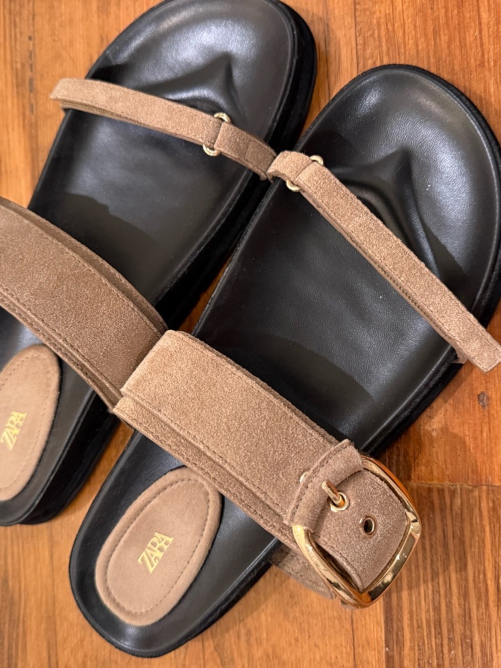 ZARA Brown Suede Buckle Slide Sandals with Black Footbed